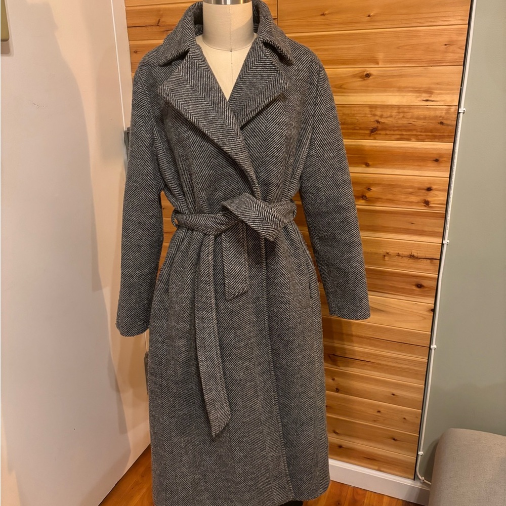 Gray Herringbone Wool-Blend Wrap Coat - image 1